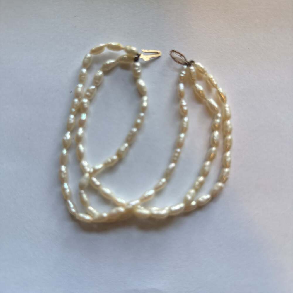 Vintage 14K Yellow Gold Three Strand Freshwater Rice Pearl Necklace